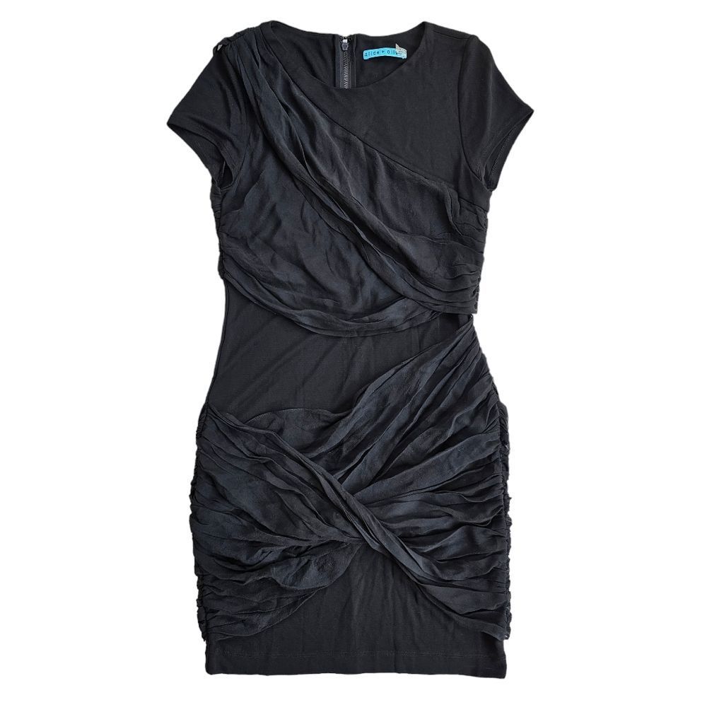 Alice + Olivia -1203 Black Short Sleeve Round Neck Goddess Draped Mini Dress M - Picture 2 of 13
